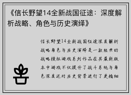 《信长野望14全新战国征途：深度解析战略、角色与历史演绎》