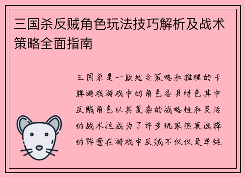 三国杀反贼角色玩法技巧解析及战术策略全面指南